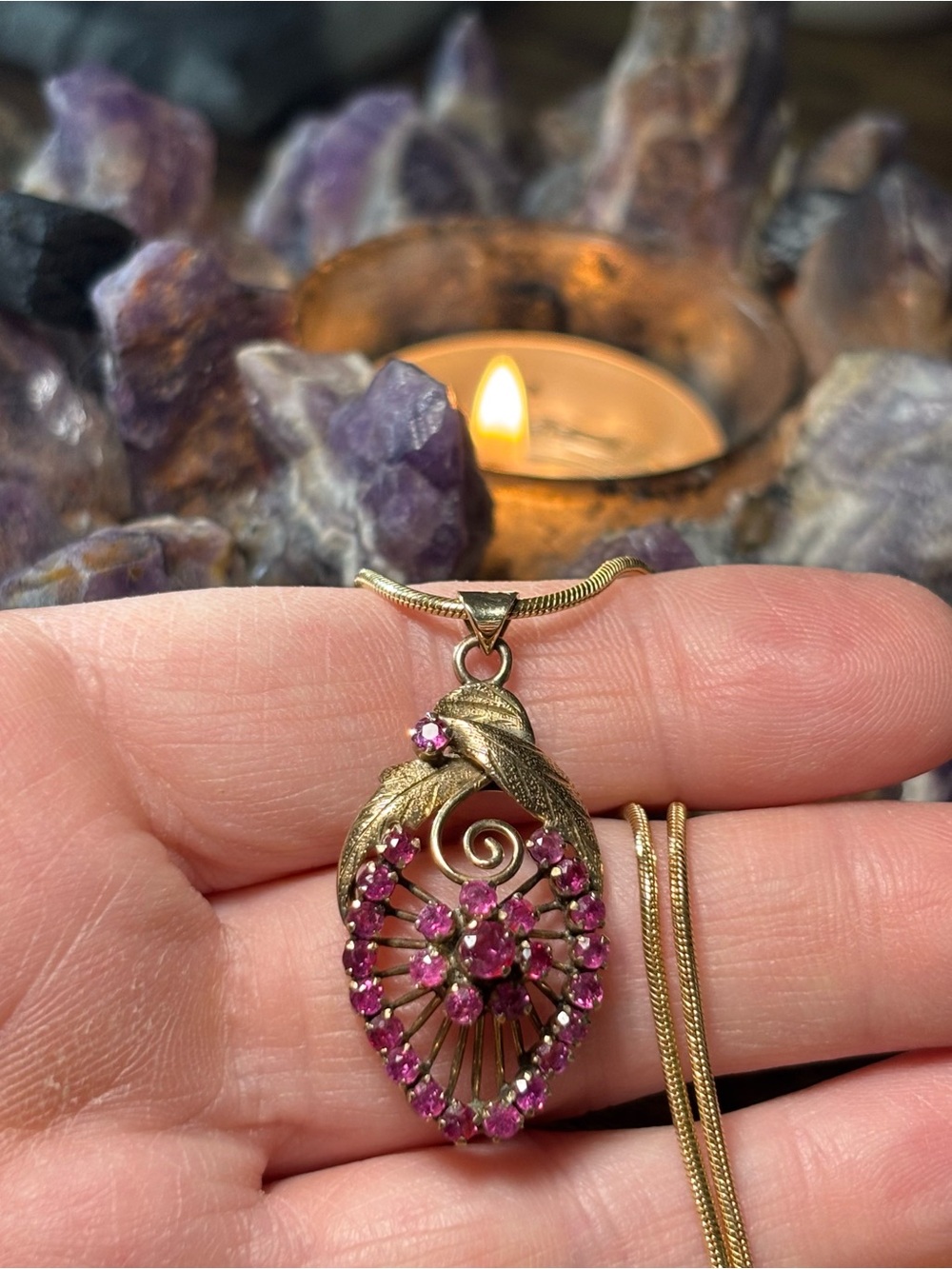 Vintage 14K Yellow Gold Ruby Teardrop Pendant Snake Chain Necklace Bohemian